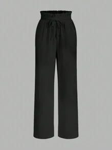 SHEIN Frenchy 女士 2 条装黑白抽绳裤休闲纯色高腰下装直筒裤纸袋腰腰部松紧抽绳带口袋婚礼毕业茶会服装返校节阔腿裤工装植物夏季裤子 - 彩色 - 查看 3