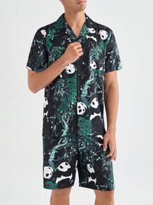 男士卡通熊貓印花前扣短袖上衣和短褲，夏季家居套裝 - 黑色 - 查看 5