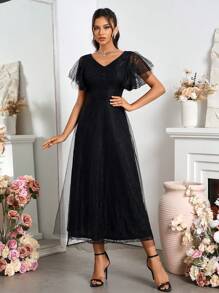SHEIN Belle Stylish And Elegant Black Tulle Evening Dress For Bridesmaid