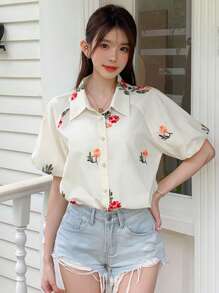 DAZY Blusa corta da donna con bottoni anteriori e ricamo floreale, manica corta, crop top estivo