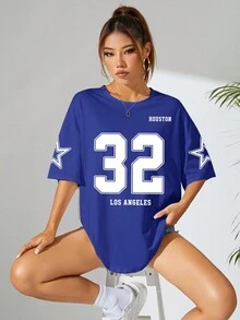 SHEIN EZwear 女式夏季鬆身款圓領下肩短袖休閒T恤，字母印花