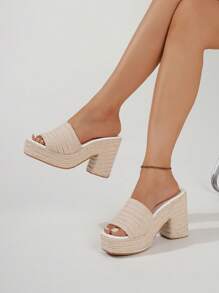 女士繩繩楔形平台涼鞋，開放式趾夾帶夏日休閒高跟拖鞋 - 杏色 - 查看 3