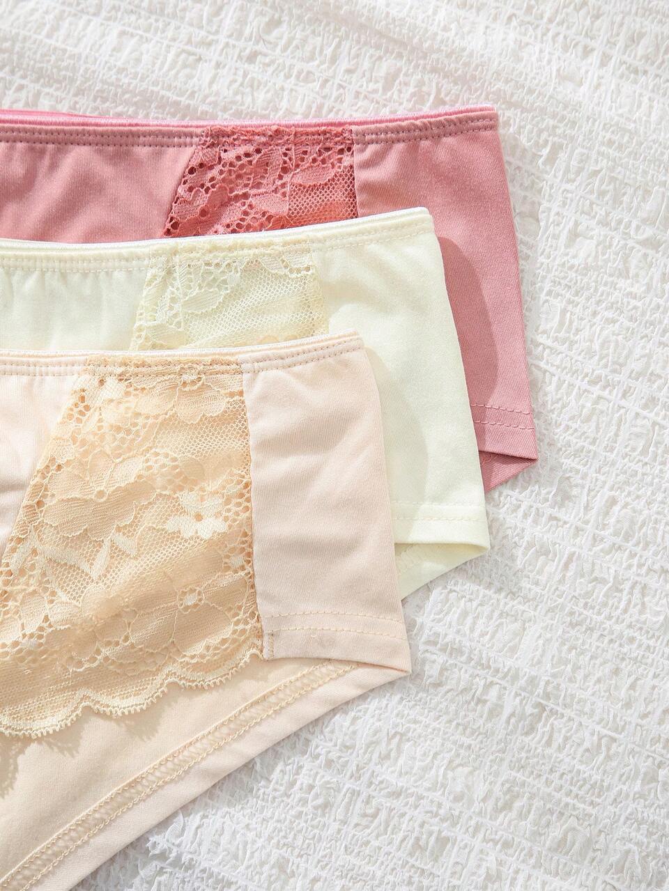 Women's Casual Solid Color Lace-Trimmed Triangle Panties ,3 Pcs