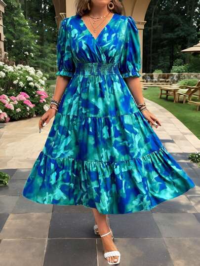 Calvaya 加大码夏季渐变色 V 领连衣裙，松紧腰带和荷叶边下摆，超长女装