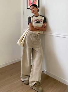 DAZY Ladies' Flared Jeans With Bleach Wash And Distressing,Ladies Button,Pocket,Zipper Natural Wide Leg Long Khaki Curvy Loose Women Jeans,Spring/Fall,Casual Daily Wear