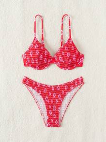 SHEIN Swim 女性印花有鋼圈比基尼套裝，非聚攏杯和性感設計 - 迷你花卉（隨機選擇），適用於海灘度假 - 紅色 - 查看 3