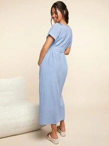SHEIN Maternity Linen Round Neck A-Line Dress With Flared Sleeves, Loose Woven Solid Color Pregnancy Dress For Home