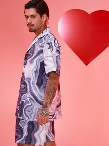 ROMWE MEN Street Life 男式大理石印花衬衫和抽绳腰短裤