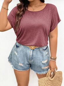 SHEIN Frenchy Camiseta de manga tipo murciélago con encaje en talla grande para tiempo libre, unicolor