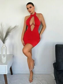 SHEIN SXY 深V領聚攏修身連衣裙配露背領口，性感派對/生日/單身派對/晚會/約會春夏女裝，黑色晚禮服。 - 紅色 - 查看 5