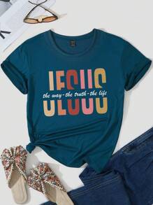 女士时尚休闲基督教耶稣字母印花短袖 T 恤 道路真理生命耶稣图案 T 恤女式上衣 - 水鴨藍 - 查看 1