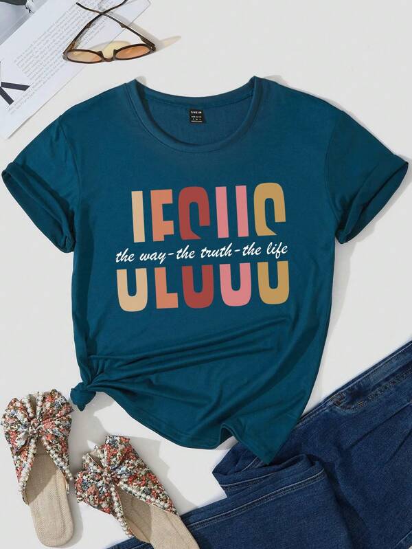 女士时尚休闲基督教耶稣字母印花短袖 T 恤 道路真理生命耶稣图案 T 恤女式上衣