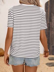 SHEIN LUNE Camiseta básica casual para mujer con cuello redondo y rayas negras y blancas para el verano