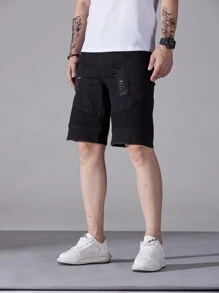 Manfinity Homme Men's Pocket Ripped Bermuda Denim Shorts, Casual & Loose-Fit - Black - View 6