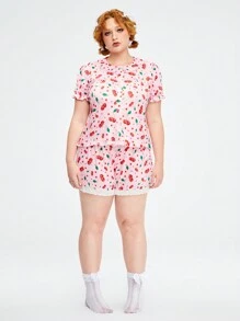 ROMWE Kawaii Plus Size Cherry Print Collar Turn-Down Neckline Puff Sleeve Comfortable Homewear Pajamas Set - Pink - View 2
