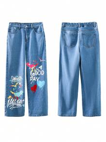 SHEIN Teen Boy Casual Fashionable Blue Monochrome Lettering And Colorful Cool Dinosaur Print Comfortable Baggy Jeans For Summer Vacation And Dailywear