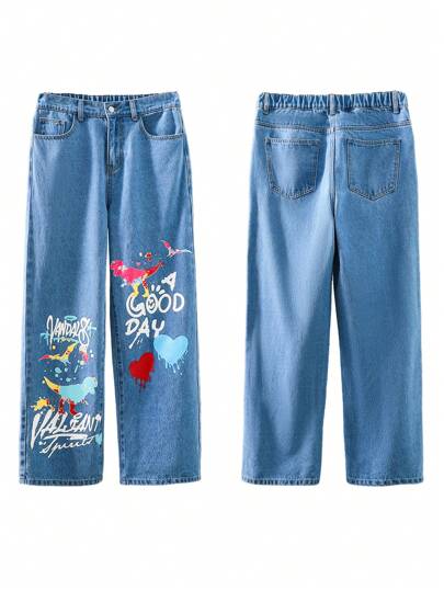 SHEIN 青少年男孩休閒時尚藍色單色字母和色彩繽紛酷炫恐龍印花寬鬆牛仔褲，適合夏季度假和日常穿著