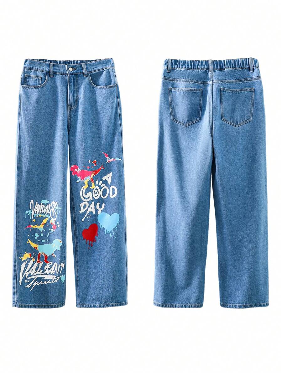 SHEIN Teen Boy Casual Fashionable Blue Monochrome Lettering And Colorful Cool Dinosaur Print Comfortable Baggy Jeans For Summer Vacation And Dailywear