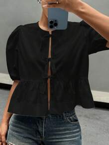 SHEIN EZwear Solid Color Round Neck Tie-Up Women's Shirt With Ruffled Hemline, Summer