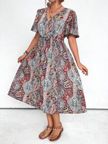 SHEIN LUNE Plus Size Retro Printed Tie-Back Summer Beach Dress