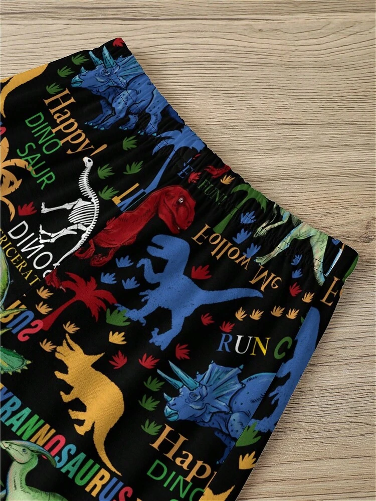 Young Boy Casual Cartoon Dinosaur Print Short Sleeve T-Shirt And Shorts Set, Suitable For Summer