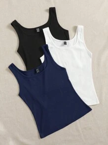 SHEIN EZwear 夏季三件装罗纹针织修身打底背心