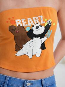 We Bare Bears X SHEIN 女士夏季卡通熊和字母印花緊身無肩帶上衣 - 橘色 - 查看 6