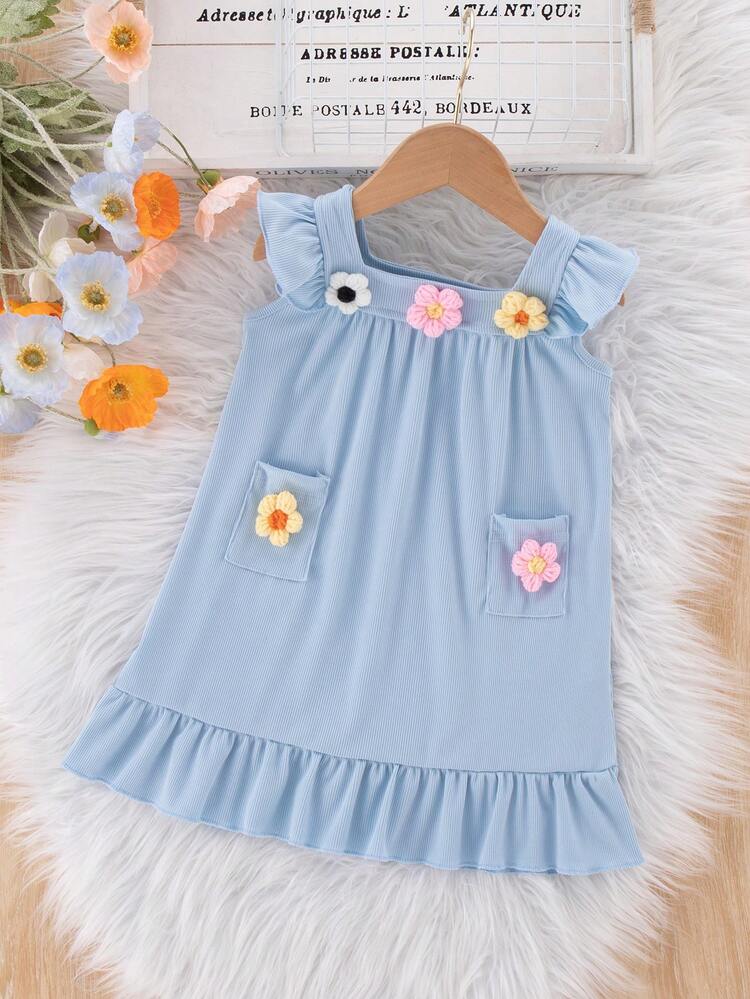 Young Girl Square Neckline Tie Pocket Floral Applique Sleeveless Dress, Summer