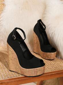 Nữ Sandal Mũi Nhọn Peep Toe Gót Chun Quai Cổ Chân Họa Tiết Vân Gỗ Và Gót Siêu Cao - màu đen - Xem 4