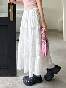 DAZY Women's Solid Color Bow Decorated Ruffle Hem Casual Skirt For Summer