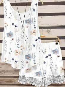 SHEIN LUNE Plus Size Women's Summer Floral Printed Sleeveless Top And Shorts Set,Holiday Outfits Boho