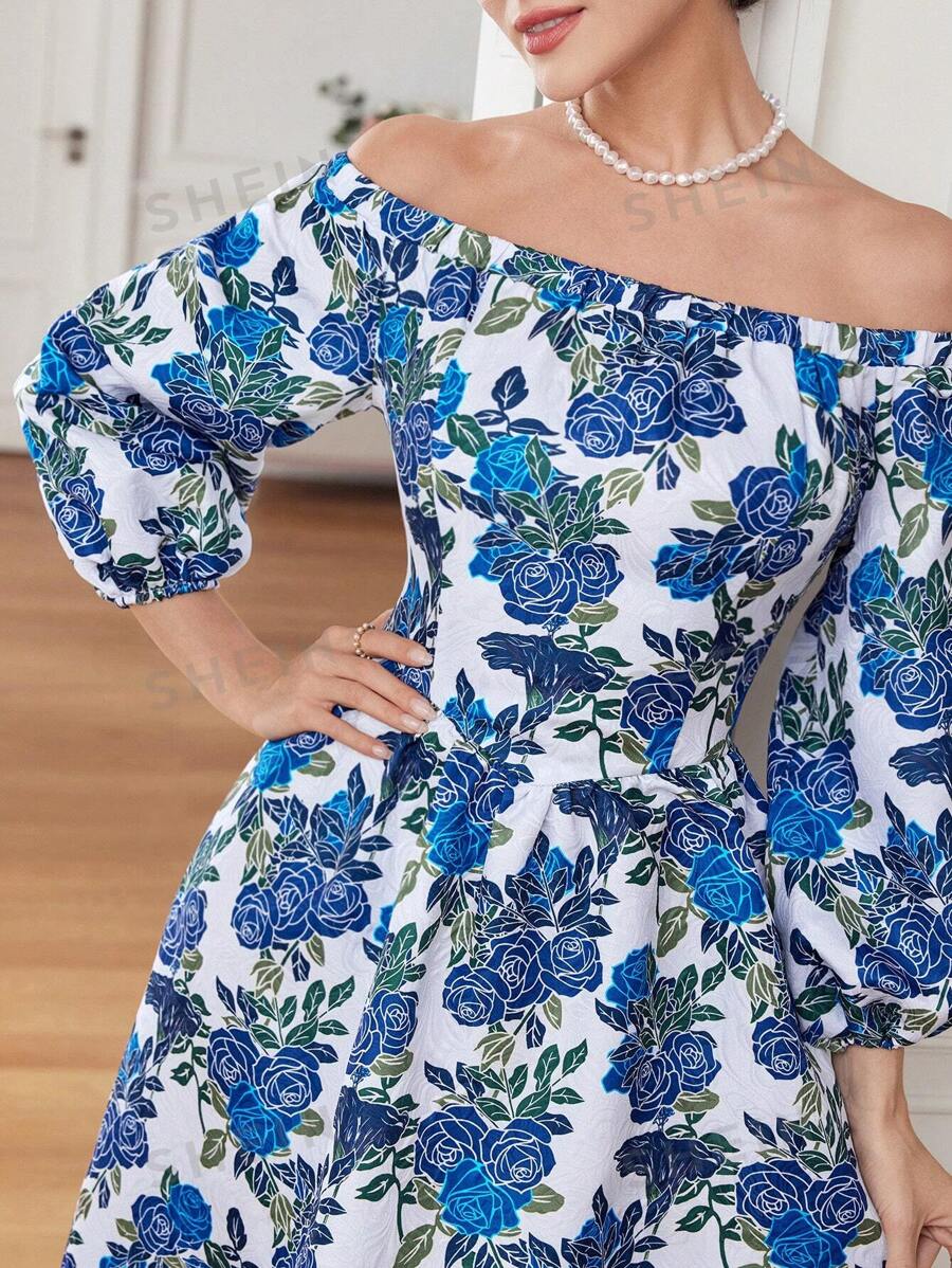 Mulvari Rochie de vară pentru femei, cu mânecă lanternă, cu imprimeu floral, lung, elegantă, pentru vacanță