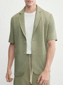 AKNOTIC Business Casual 易護理男士編織商務休閒聚酯氨彈力斜紋布實色西裝外套，配有凸起翻領和短袖，適用於夏季 - 綠色 - 查看 2