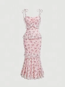 SHEIN MOD Váy cưới nữ nàng tiên cá xếp nếp nhiều lớp in hoa mộng mơ cao thấp viền nhiều lớp - Màu tím  Violet - Xem 1