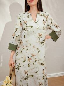 Al Najma Women's Casual Arabian Print Random Floral Pattern Dress - Green - View 4