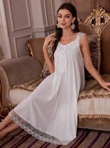 Váy ngủ Pajama dây đeo ren chắp vá dành cho nữ - trắng - Xem 5