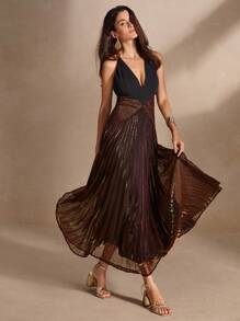 Anewsta 女士金属褶皱亮面下摆连衣裙 长款欧根纱女装 - 黑色 - 查看 4