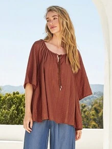 Forever 21 Chemise de vacances décontractée pour femmes, unie de couleur unicolore avec nouage à l'encolure