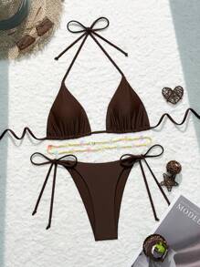 SHEIN Swim Women's Solid Color Halter Strap Bra & Swim Bottom Sexy Bikini Set, With Detachable Waist Belt And Waist Chain (Random Color), 3pcs, Summer Beach Bathing Suit