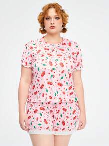 ROMWE Kawaii Plus Size Cherry Print Collar Turn-Down Neckline Puff Sleeve Comfortable Homewear Pajamas Set - Pink - View 3