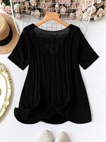 SHEIN LUNE Plus Size Solid Color Elegant V-Neck Short Sleeve Knitted Top For Summer - Black - View 2
