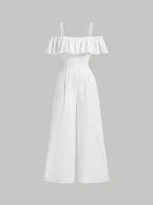 SHEIN MOD Enterizo en blanco con ribete de volantes y hombros descubiertos, romántico enterizo de pierna ancha para vacaciones en la playa en verano - Blanco - Ver 1