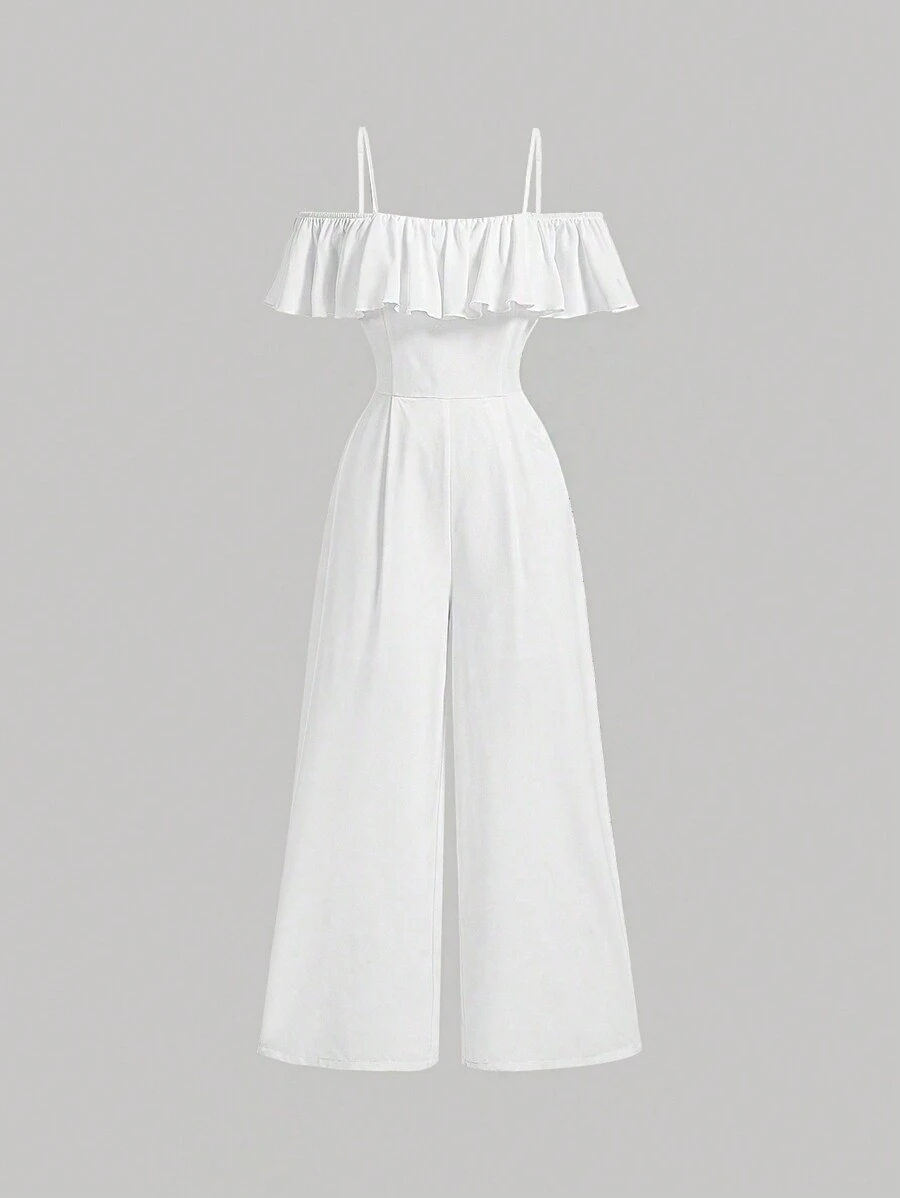 SHEIN MOD Enterizo en blanco con ribete de volantes y hombros descubiertos, romántico enterizo de pierna ancha para vacaciones en la playa en verano - Blanco - Ver 1