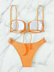 SHEIN Swim 女士實色褶皺U型金屬連接性感比基尼套裝泳裝，適用於度假、夏季沙灘 - 橘色 - 查看 2