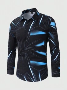 Manfinity Homme 男士加大码几何印花拼色长袖休闲衬衫，适合春夏季、度假 - 彩色 - 查看 3