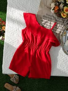 SHEIN Mono de verano de color liso para niña joven con tirantes y volantes - Rojo - Ver 4