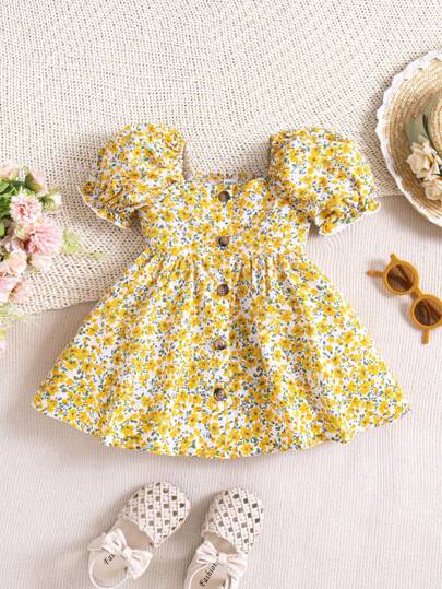 Baby Girl Sommar Söt semester bubbla kortärmad fyrkantig hals blommig klänning