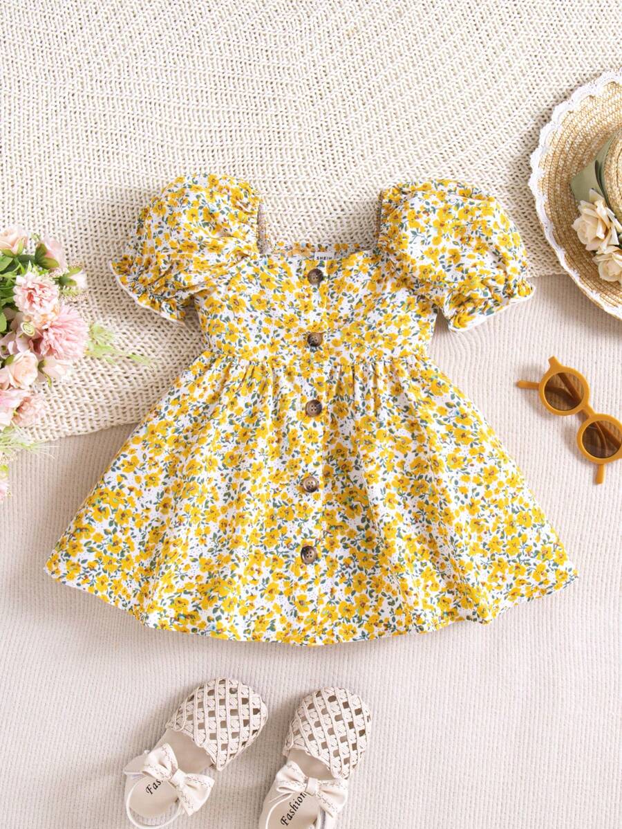 Baby Girl Summer Cute Vacation Bubble Short Sleeve Square Neck Floral Dress - Yellow - View 1