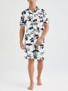 Men's Allover Print Button-Up Short Sleeve Top And Shorts Set, Summer Pajamas - Multicolor - View 3