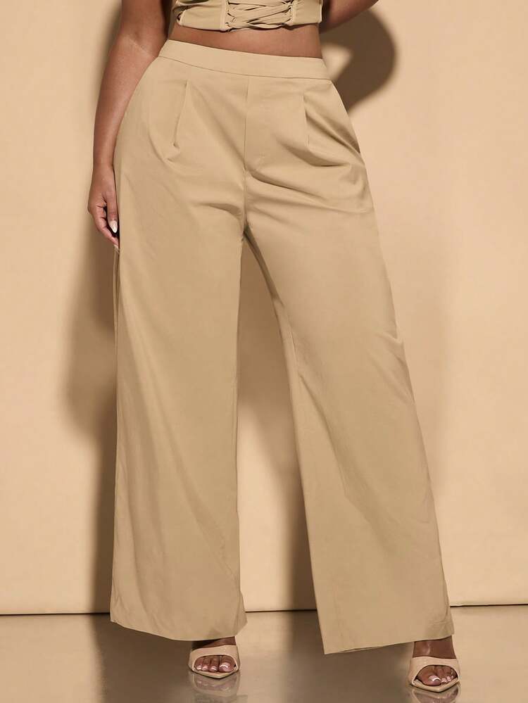 Plus Size Women's Green Stretch Woven Loose Straight Trousers